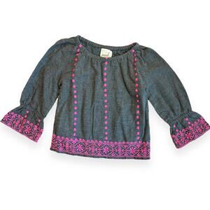 Peek Gray Pink Embroidered Bell Sleeve Flannel Top Girls 4-5